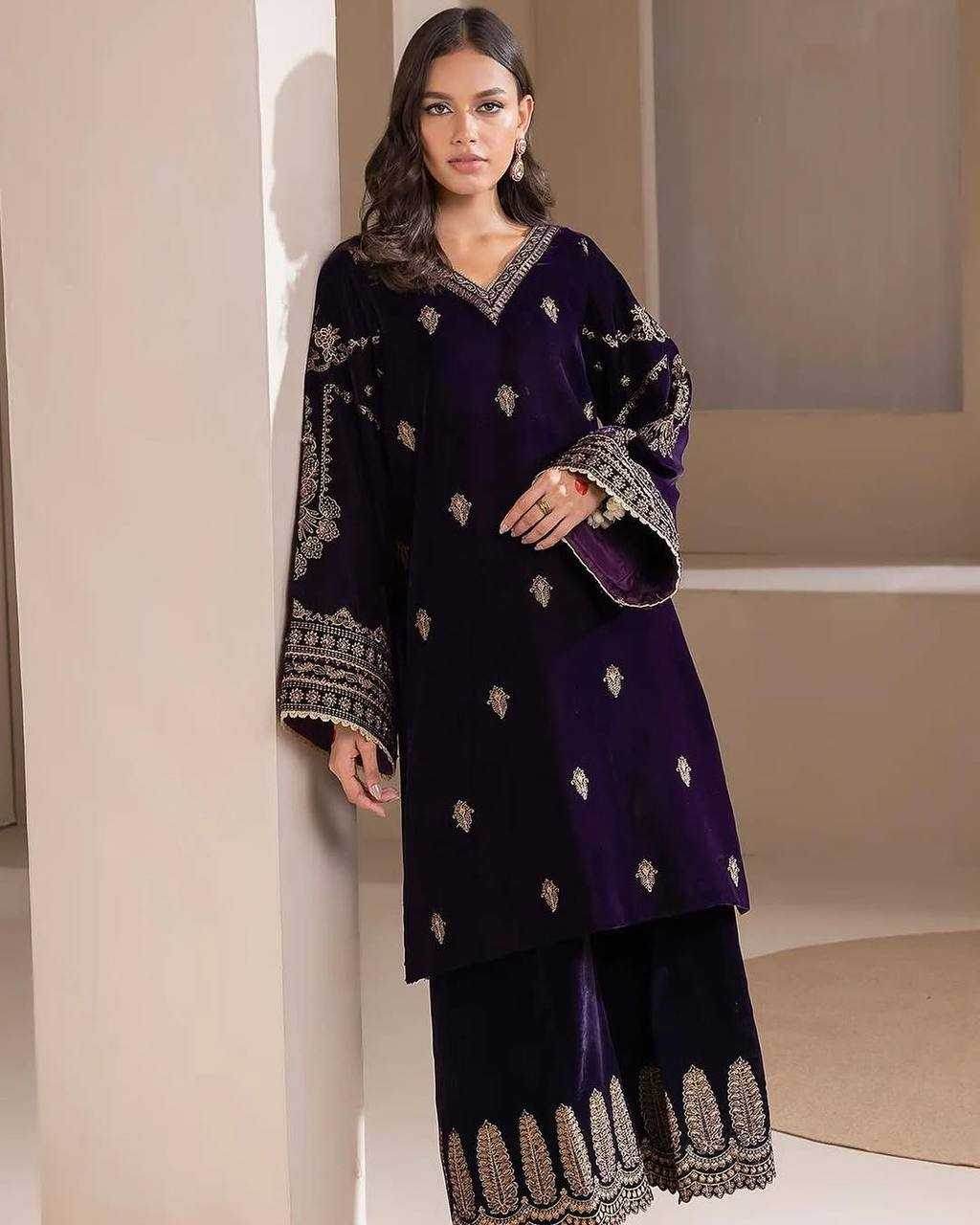 BLUE EMBROIDERED PARTY WEAR VELVET SUIT - MYLUXURY LANE ENTERPRISE